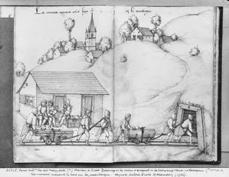 Silbermine von La Croix-aux-Mines, Lothringen, fol.11v und fol.12r, Bergleute bringen Holz in die Mine, ca. 1530